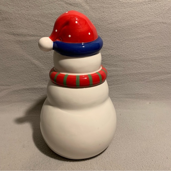 Holiday Snowman Cookie Jar with Santa’s red hat and red/green striped scarf. - Picture 5 of 8